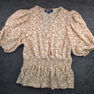 Alice Blue Floral Top Womens L Peach Polyester Smocked Puff Sleeve Cottagecore